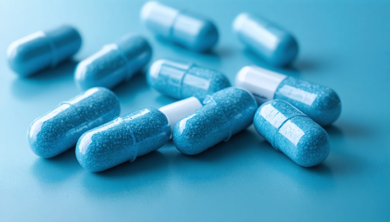 Blister pack of sildenafil tablets next to a glass of water on a light background